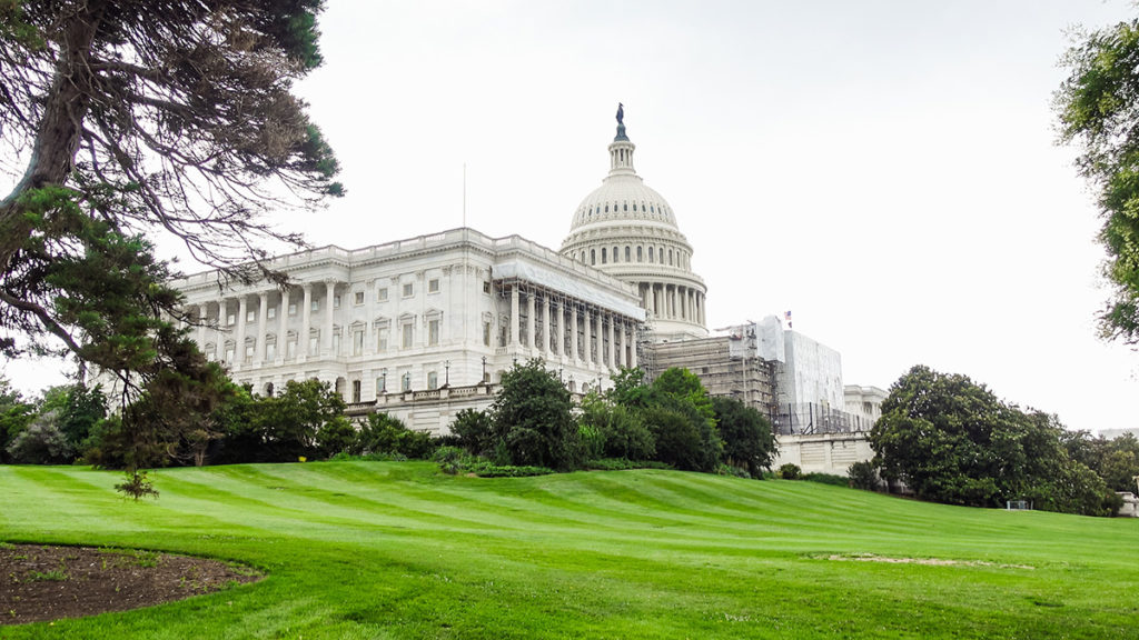 The United States Capitol, with trees and a large lawn in the foreground - Washington, D.C.